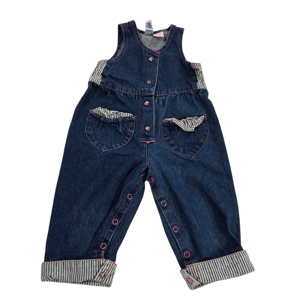 Petite Club Denim Overalls Girls Blue‎ 12M Sleeveless 100% Cotton Cuffed Leg
